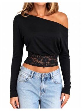 Women Off Shoulder Lace Waist Long Sleeve Fitted Party Top